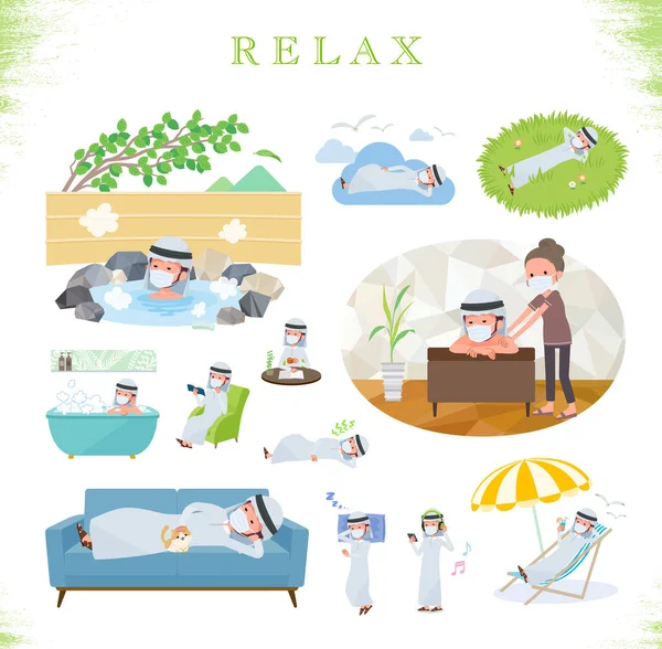 Set Man Wearing Mask Relaxing Actions Vacation Stress Relief Vector — стоковый вектор