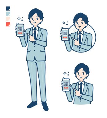 Takım elbiseli genç bir iş adamı. Akıllı telefon görüntüleri için nakit ödemesi yok.