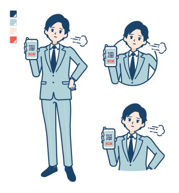 Takım elbiseli genç bir iş adamı. Akıllı telefondaki sorunlu görüntüler için nakit ödemesi yok.