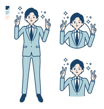 Üzerinde barış işareti olan takım elbiseli genç bir işadamı.