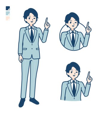 Takım elbiseli genç bir işadamı işaret eden el işaretleri ile