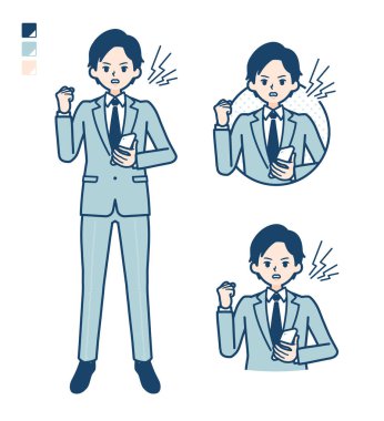 Elinde akıllı telefon ve öfke görüntüleri olan takım elbiseli genç bir iş adamı.