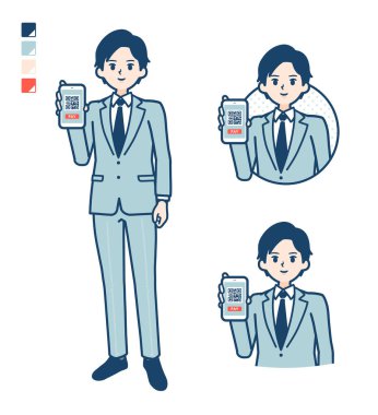 Takım elbiseli genç bir iş adamı. Akıllı telefon görüntüleri için nakit ödemesi yok.