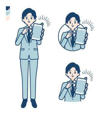 Takım elbiseli genç bir iş adamı akıllı telefon görüntüleri sunuyor.