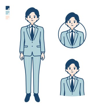 Gülümseyen resimlerle takım elbiseli genç bir iş adamı.