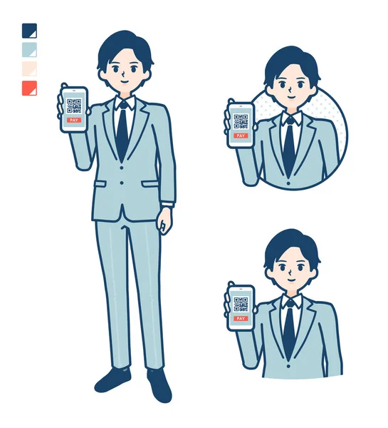 Takım elbiseli genç bir iş adamı. Akıllı telefon görüntüleri için nakit ödemesi yok.