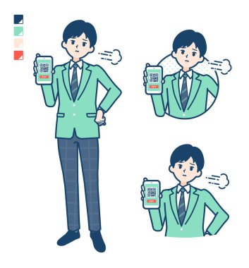 Yeşil ceketli bir öğrenci. Akıllı telefondaki sorunlu görüntüler için nakit ödemesi yok.