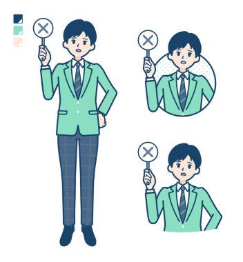 Yeşil ceketli bir öğrenci. Çapraz pano resmi çizmiş.