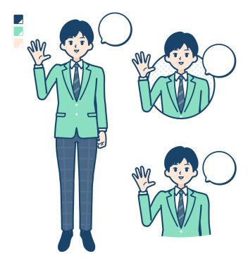 Yeşil ceketli ve resimli bir öğrenci.