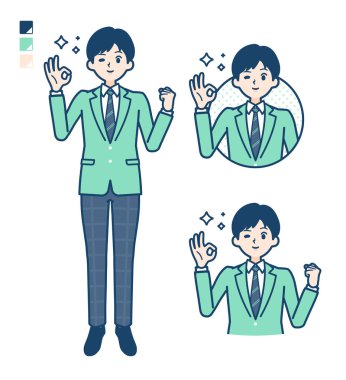 Yeşil ceketli bir öğrenci. Üzerinde 