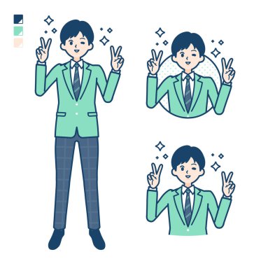 Yeşil ceketli, barış işareti olan bir öğrenci.