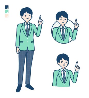 Yeşil ceketli, işaret eden el işaretleri olan bir öğrenci.