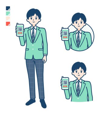 Yeşil ceketli bir öğrenci. Akıllı telefon görüntüleri için parasız ödeme yapmış.