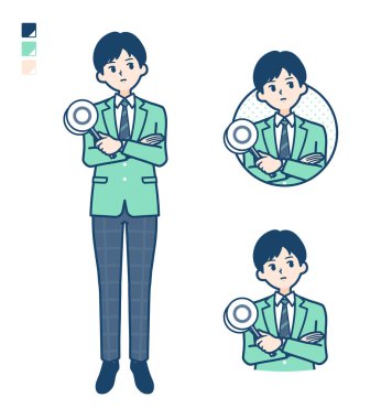 Yeşil ceketli bir öğrenci. Cevap imajını düşün.