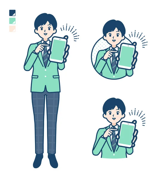 Student Chlapec Zeleném Saku Nabídkou Smartphone Obrázky — Stockový vektor
