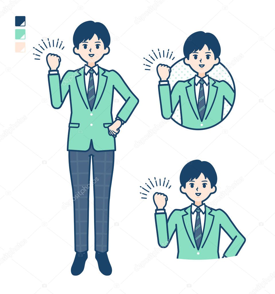 A student boy in a green blazer with fist pump images