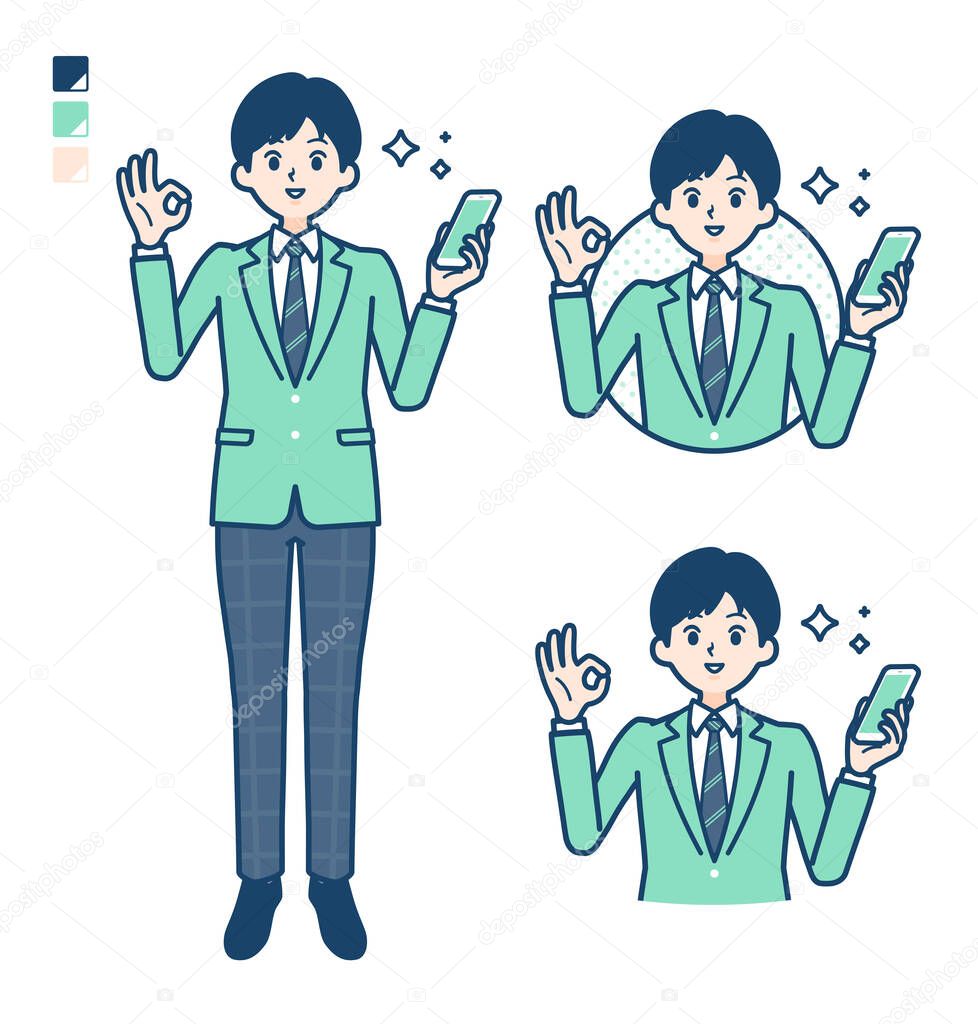 A student boy in a green blazer with Holding a smartphone and doing an OK sign images