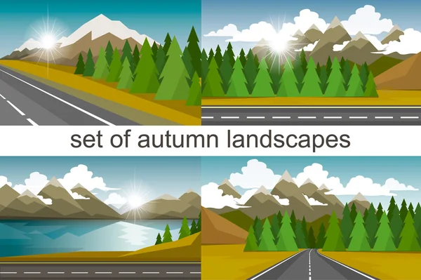 A paisagem de outono de florestas, montanhas, estrada e lago . — Vetor de Stock