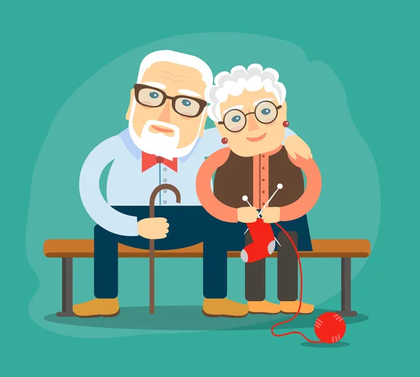 Grandpa and grandma cuddling sitting on the bench — Stock Vector