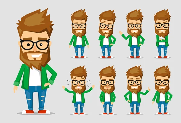 Character men hipster. A collection of several movements and emotions. — Stock Vector