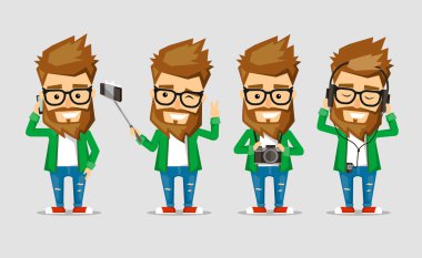 Karakter erkekler hippi. Kullanım popüler gadget'lar ile pozlar kümesi.