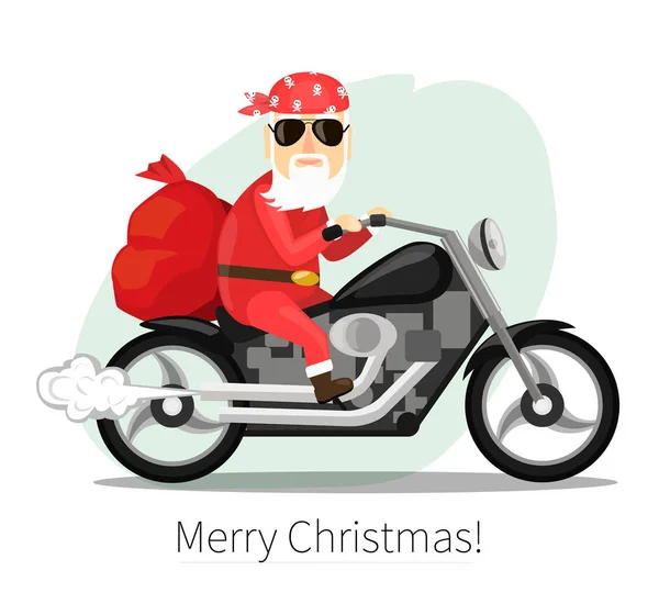 Санта-Клауса веде мішок подарунків прохолодному мотогонок — стоковий вектор