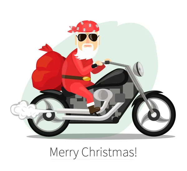 Noel Baba hediye çuvalı serin motosiklet üzerinde taşır.