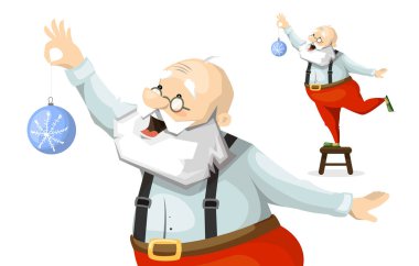 Santa Claus decorates a Christmas tree toy clipart