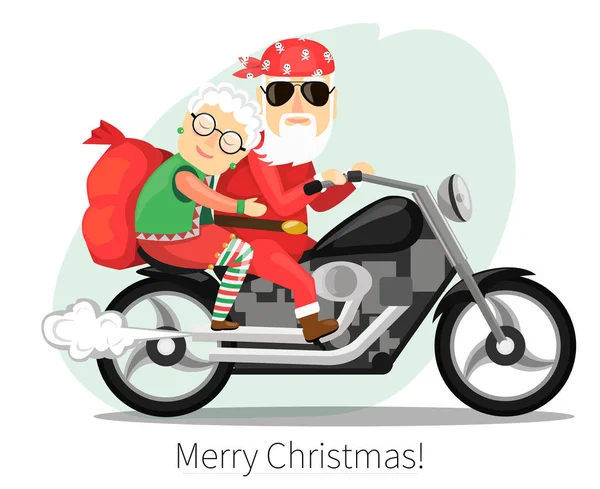 圣诞老人和太太骑在陡峭的摩托车 — 图库矢量图片