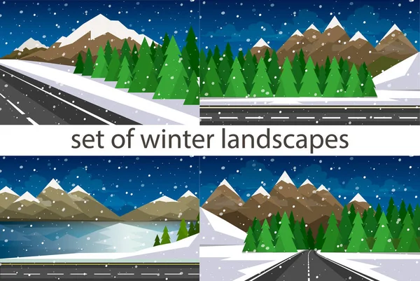 El paisaje invernal de bosques, montañas, caminos y lagos . — Vector de stock