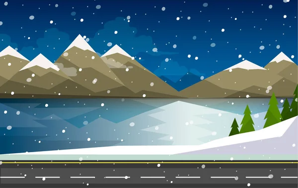 The winter landscape of forests, mountains, road and lake. — Stock Vector