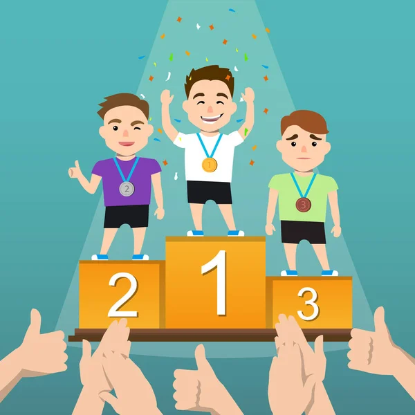 Tres atletas con medallas en un pedestal . — Vector de stock