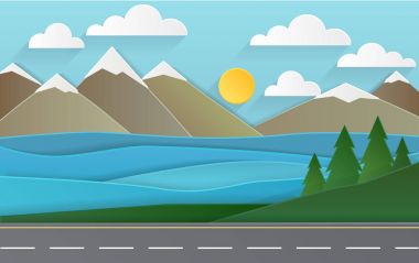 Ormanlar, dağlar, yol ve göl manzara.