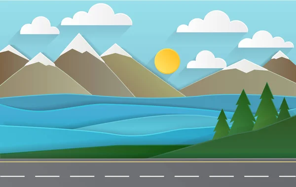 The landscape of forests, mountains, road and lake. — Stock Vector