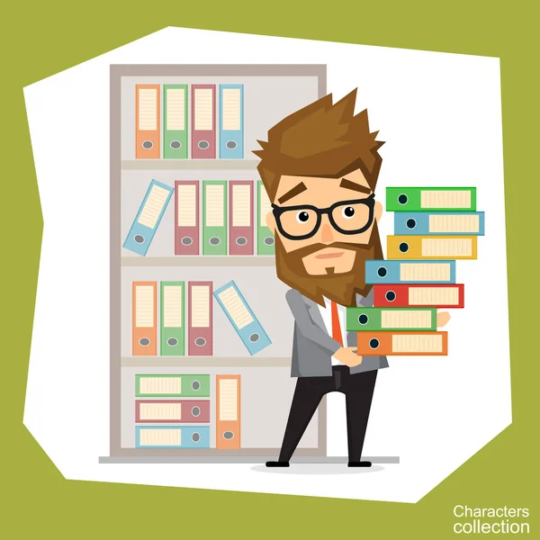 Hipster hombre está molesto con un montón de trabajo — Vector de stock