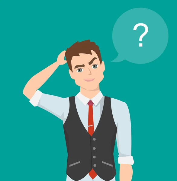 Thinking man with question mark. Cartoon vector illustration — Stock Vector