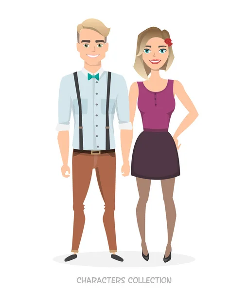 Loving couple in stylish clothes hold hands. — Stock Vector