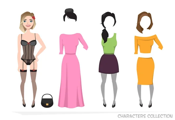 Kläder uppsättningar för kvinna. Konstruktören karaktär. — Stock vektor