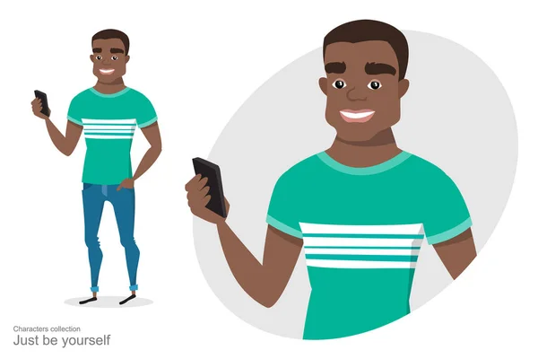 Afro-amerikai srác egy mozgatható telefon-ban odaad. — Stock Vector