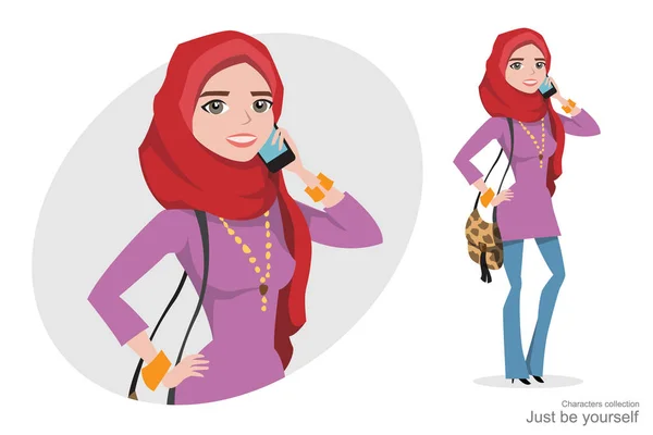 Мусульманка в хиджабе разговаривает по телефону . — стоковый вектор