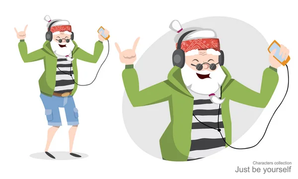 Old man listening music on phone and dances. — Stock Vector