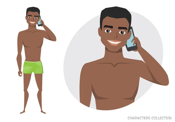 Egy fekete afro-amerikai ember beszél a telefonon — Stock Vector