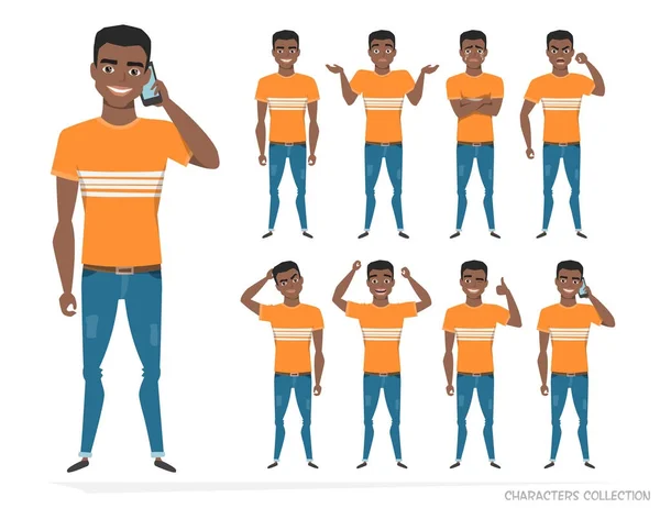 Set of emotions and gestures to the young black african american man. — Stock Vector