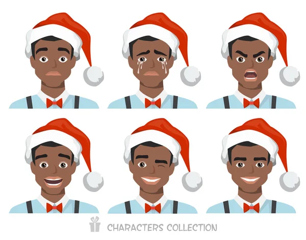 Μαύρο αφροαμερικάνων άνδρες σε το καπέλο Santa με διαφορετικά συναισθήματα — Διανυσματικό Αρχείο