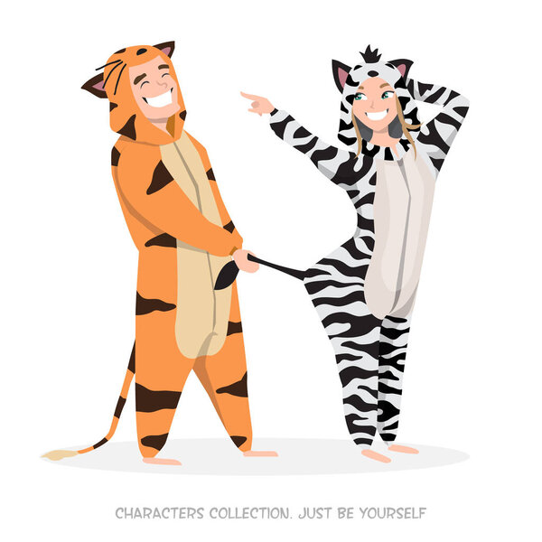 Guy with girl at home pajamas fun.