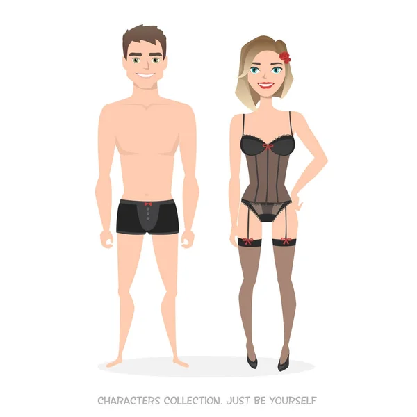 Uomo e donna in lingerie. Stile cartone animato . — Vettoriale Stock