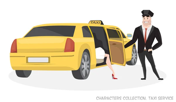 Taxi VIP con autista e passeggero in Cartoon . — Vettoriale Stock