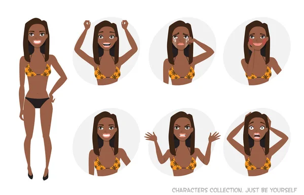 Set de emoții și gesturi pentru tânăra afro-americană de culoare . — Vector de stoc