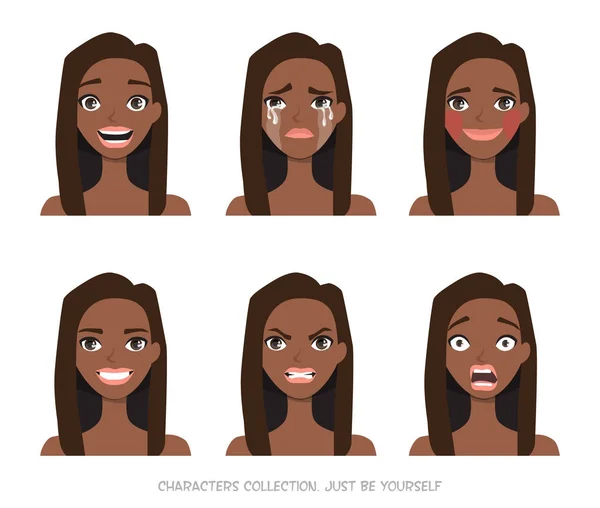 Ensemble d'émotions et de gestes à la jeune femme noire afro-américaine . — Image vectorielle