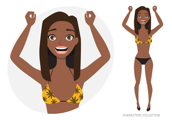 Schöne junge schwarzafrikanisch-amerikanische Frau in einem Badeanzug am Strand freut sich und glücklich. — Stockvektor